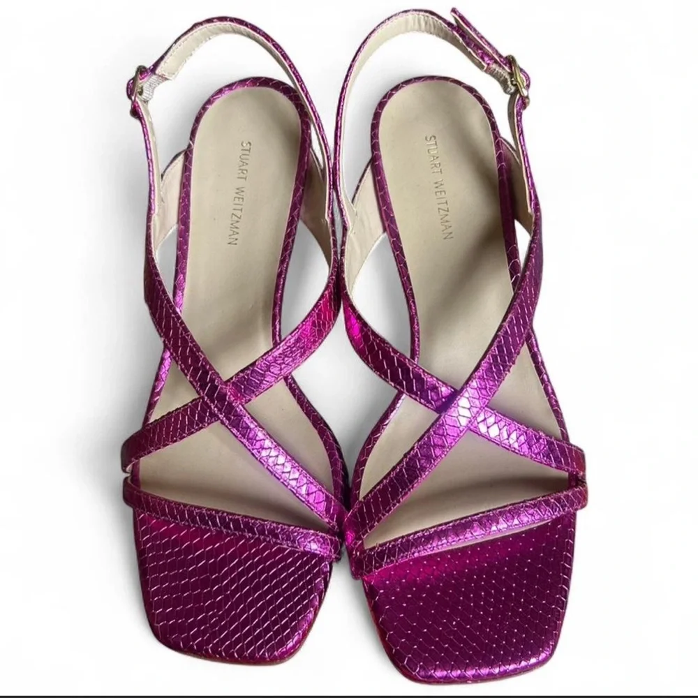 New Stuart Weitzman Metallic Fuchsia Strappy Heels